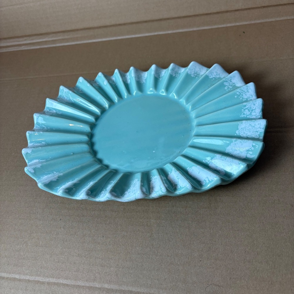 Vtg USA 303 Pottery Pale Blue Drip‎ Under Plate Oval Pleated 9.5x7" Trinket Dish